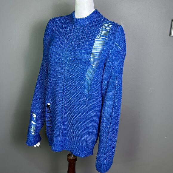Diesel sweater women’s large electric blue chunky knit Italy‎ distressed Grunge - Picture 13 of 16